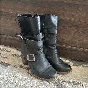 Black Women's Mid-Calf Buckle Leather Boots